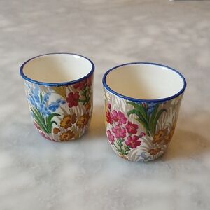 Pair Transferware Floral Ceramic Egg Cups by Royal Winton